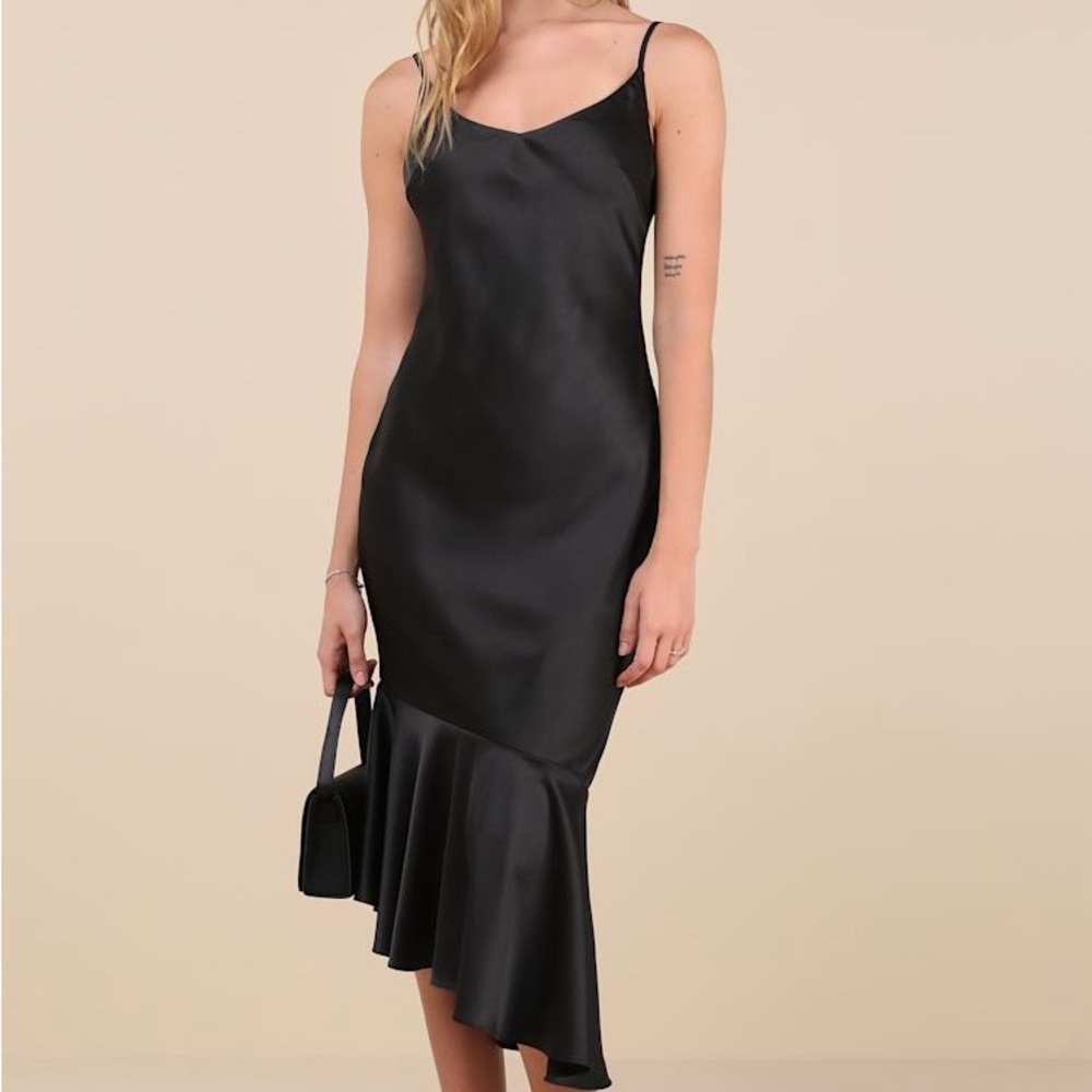 NWT Lulus Strictly Romance Black Satin Asymmetrical Tiered Midi Dress XL - Picture 1 of 7